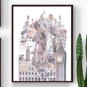 Architecture Print, Buildings Wall Art, Landmark Prints, Digital Art, Printable Wall Art, Purple Decor, Downloadable Art, Architecture Art