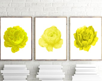 Set of 3 Prints, Yellow Wall Art, Yellow Flowers Print, Set of 3 Wall Art, Flowers Decor,Yellow Wall Decor,Flowers Wall Art,Botanical Print