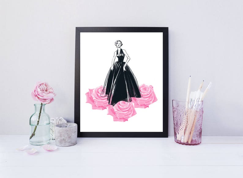 Fashion Wall Art,Fashion Girl Print,Pink Prints,Fashion Decor,Woman Art,Pink Art,Women Wall Art,Roses Artwork,Black girl artwork,Printable image 2