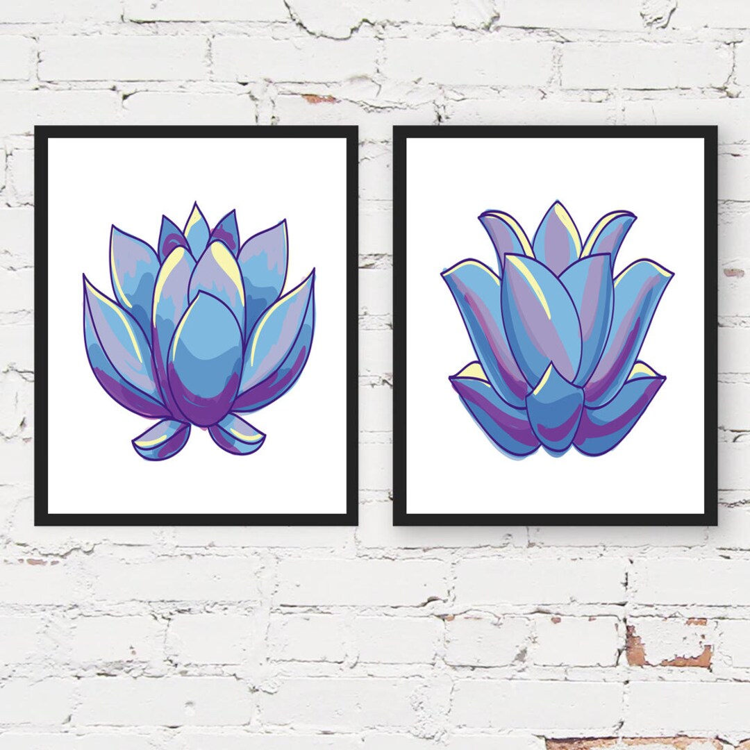 Set of 2 Prints,blue Lotus Flower Print, Set of 2 Wall Art, Flowers ...