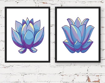 Set of 2 Prints,Blue Lotus Flower Print, Set of 2 Wall Art, Flowers Decor, Blue Wall Decor, Lotus Flower Wall Art, Botanical Print Set of 2