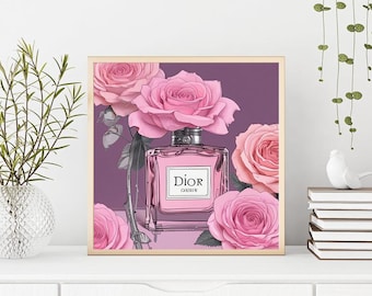 Rosa Parfüm & Rose Blumen Kunstdruck: Fashion Wall Decor (Digitaler Download)