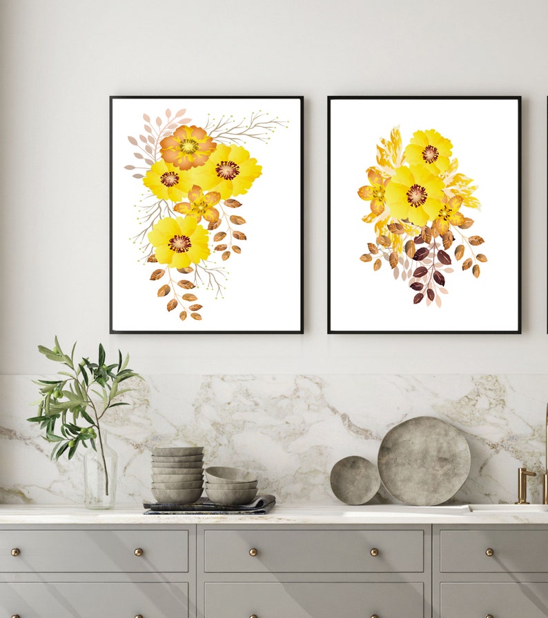 Set of 2 Prints, Yellow Wall Art, Yellow Flowers Print, Set of 2 Wall ...