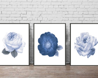 Set of 3 Prints, Blue Wall Art, Blue Flowers Print, Set of 3 Wall Art, Flowers Decor, Blue Wall Decor, Flowers Wall Art, Botanical Print
