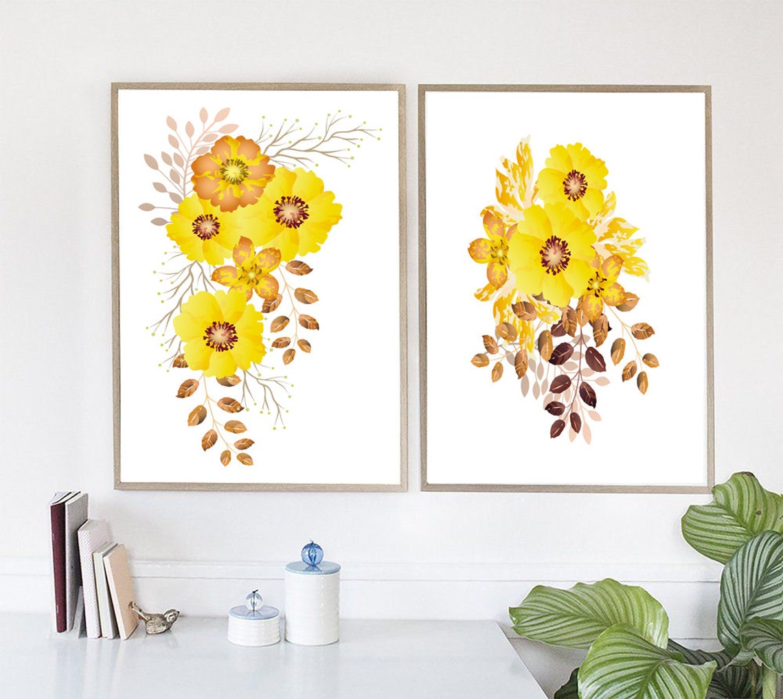 Set of 2 Prints, Yellow Wall Art, Yellow Flowers Print, Set of 2 Wall ...