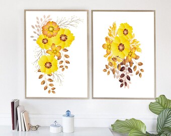 Set of 2 Prints, Yellow Flowers Wall Art, Printable Flower Decor, Botanical Print