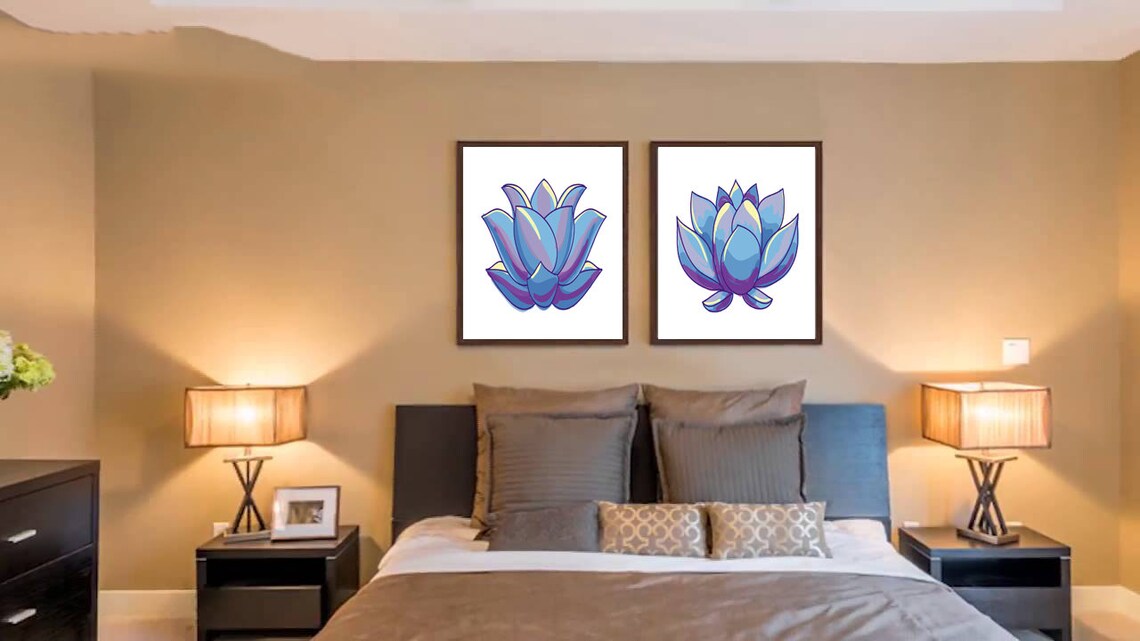 Set of 2 Prints,blue Lotus Flower Print, Set of 2 Wall Art, Flowers ...
