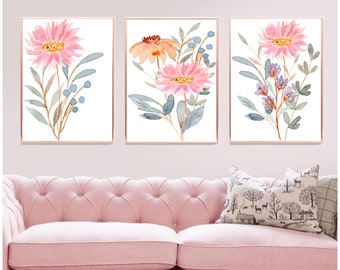 Set of 3 Prints, Set of 3 Wall Art, Flowers Decor, Botanical Print, Pink Flowers Art, Flowers Wall Art,Floral Print, Digital Printable Art,