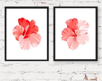 Set of 2 Prints, Tropical Flower Print, Set of 2 Wall Art, Flowers Decor, Pink Wall Decor, Floral Wall Art, Botanical Print, Hibiscus Plant