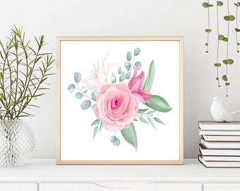 Rosa Blumen, Botanischer Druck, Blumendrucke, Rose Wandkunst, Pflanze druckbare Kunstwerk