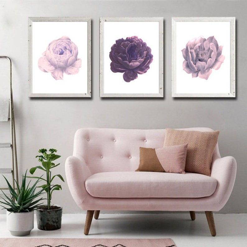 Set of 3 Prints Purple Wall Art Purple Flowers Print Set of Etsy
