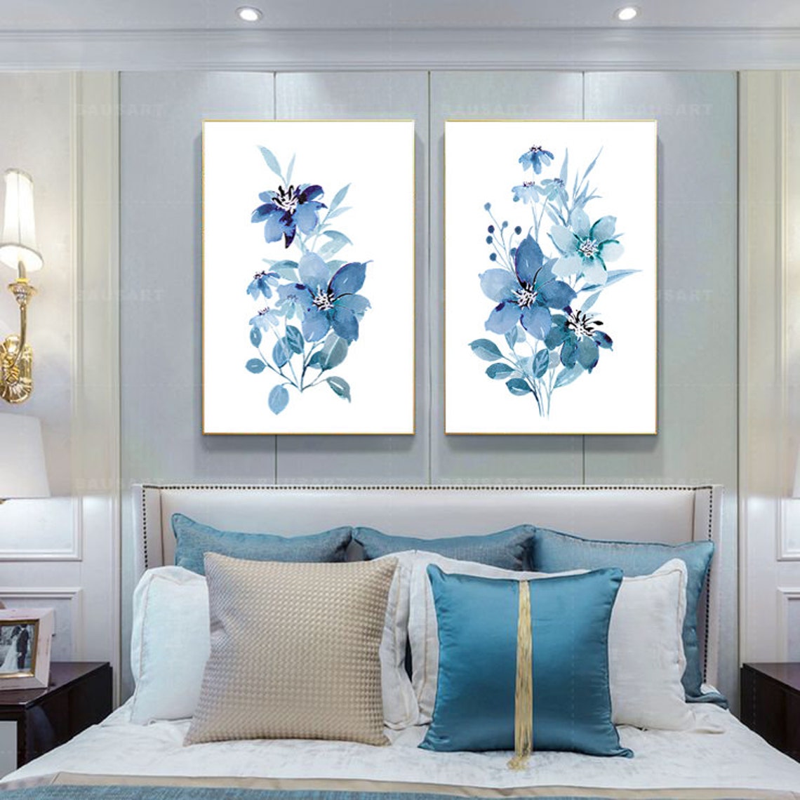 Set of 2 Prints, Blue Wall Art, Blue Flowers Print, Set of 2 Wall Art ...
