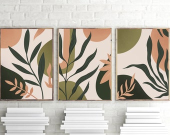 Set of 3 Botanical Prints,Leaves Print,Botanical Wall Art,Green Decor,Green Leaves Prints,Set of 3 Wall Art,Abstract Art, Brown Wall Art