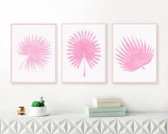 Set of 3 Prints, Set of 3 Wall Art, Botanical Print Set of 3,Plant Prints, Pink Prints, Leaves Print, Leaf Wall Art, Pink Printable Art