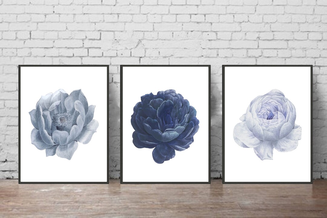 Set of 3 Prints Blue Wall Art Blue Flowers Print Set of 3 Etsy