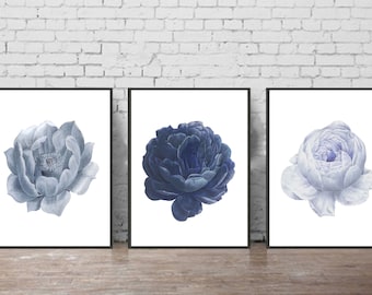Conjunto de 3 láminas florales, decoración de pared con flores azules, arte digital botánico imprimible