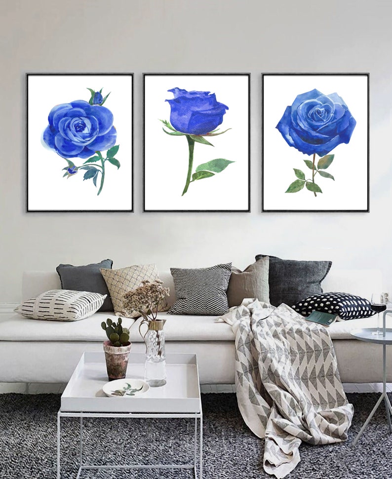 Set of 3 Prints,blue Wall Art,blue Flowers Print,set of 3 Wall Art