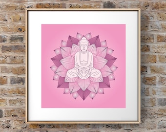 Pink Buddha Print, Yoga Studio, Zen Decor, Spiritual Wall Art, Meditation Room, Lotus Flower