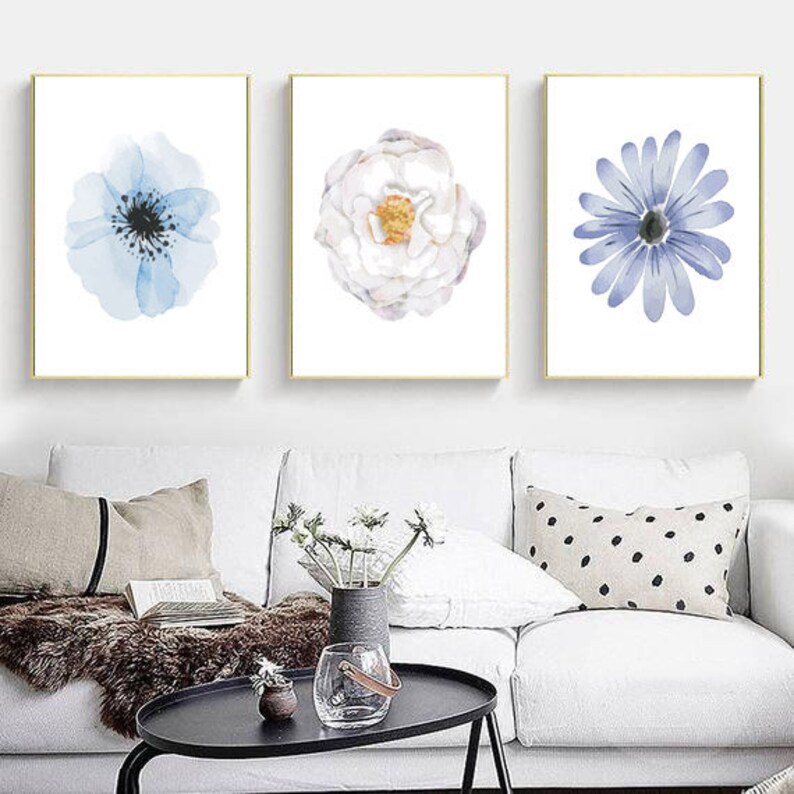 Set of 3 Prints, Blue Wall Art, Blue Flowers Print, Set of 3 Wall Art