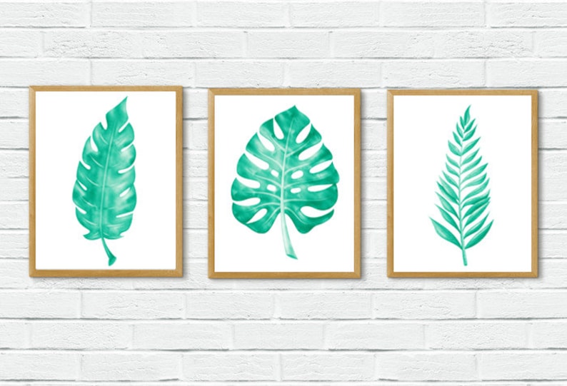 Set of 3 Botanical Prints, Green Leaves Wall Decor, Printable Digital ...