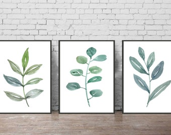 Set of 3 Botanical Prints, Green Botanical Print, Green Wall Decor, Green Leaves Print, Set of 3 Wall Art, Botanical Leaf Wall Art