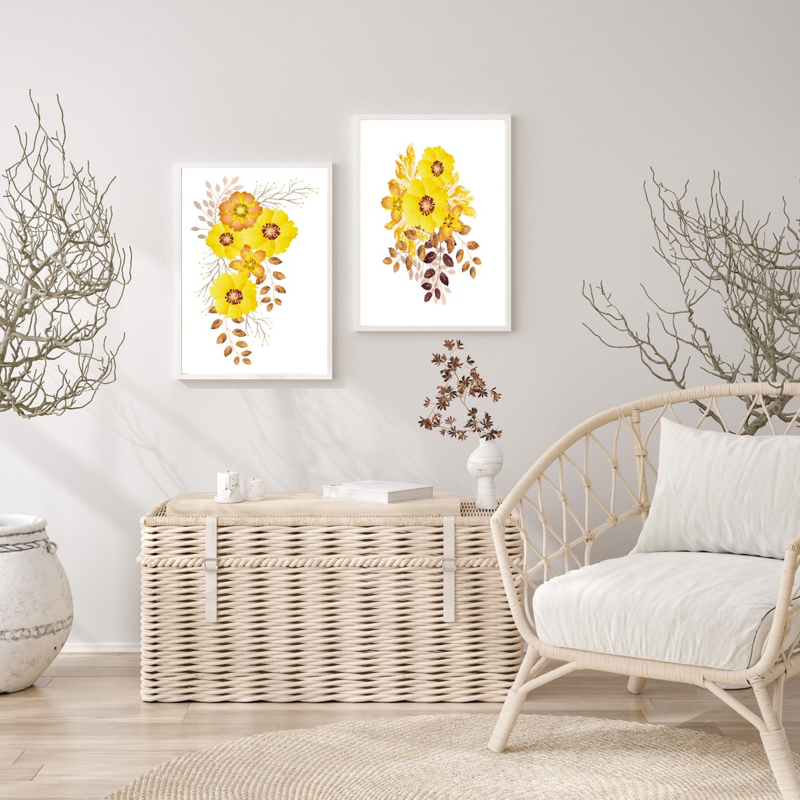 Set of 2 Prints, Yellow Wall Art, Yellow Flowers Print, Set of 2 Wall