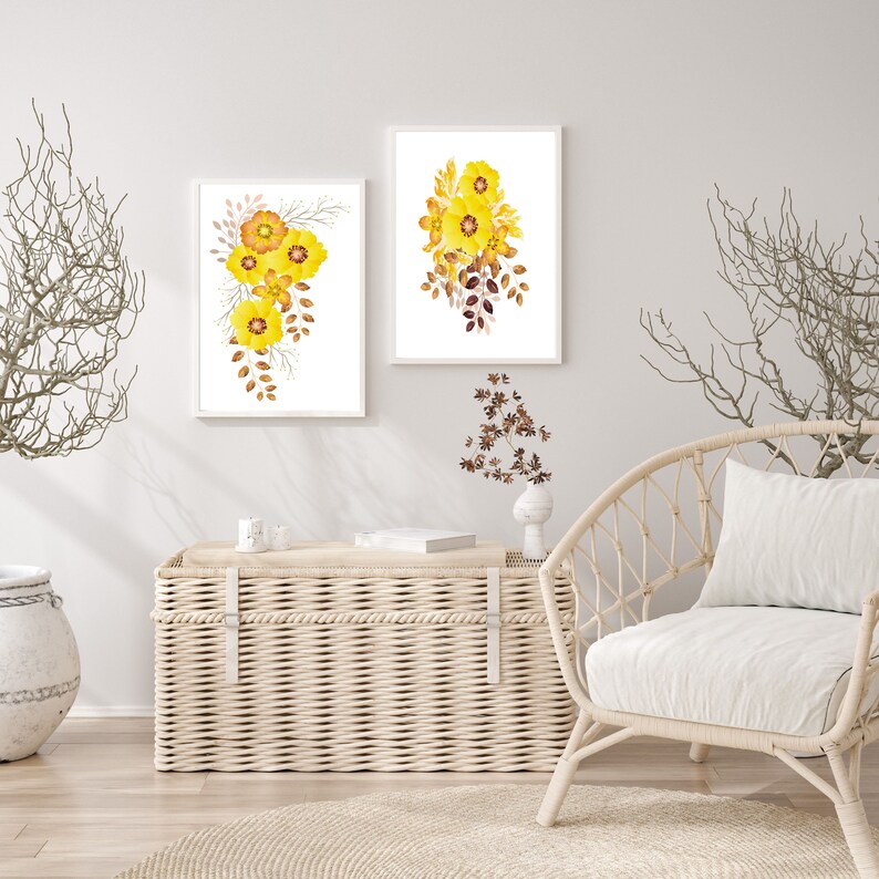 Set of 2 Prints, Yellow Wall Art, Yellow Flowers Print, Set of 2 Wall ...