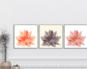 Set of 3 Prints, Set of 3 Wall Art, Flowers Decor, Flowers Wall Art, Botanical Print, Flower Artwork, Gray Floral Print, Pink Flowers Print