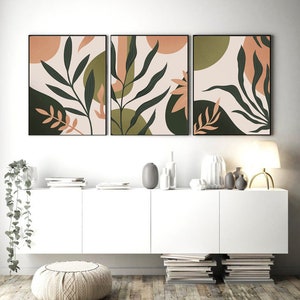 Set of 3 Botanical Prints, Leaves Wall Art, Green Decor, Brown Abstract ...
