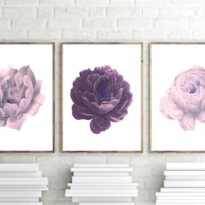 Puede incluir: Tres impresiones enmarcadas de flores moradas y rosas. Las flores son de estilo vintage y tienen un toque suave y rom&aacute;ntico.