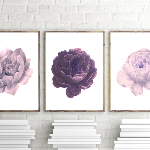 Set of 3 Prints Purple Wall Art Purple Flowers Print Set of Etsy