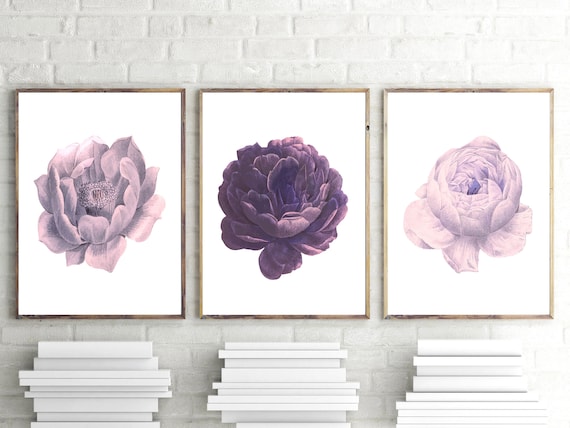 Set of 3 Prints, Purple Wall Art, Digital Flowers Decor, Botanical Printable Artwork