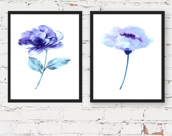 Set of 2 Prints, Blue Wall Art, Blue Flowers Print, Set of 2 Wall Art, Flowers Decor, Blue Wall Decor, Flowers Wall Art, Botanical Print