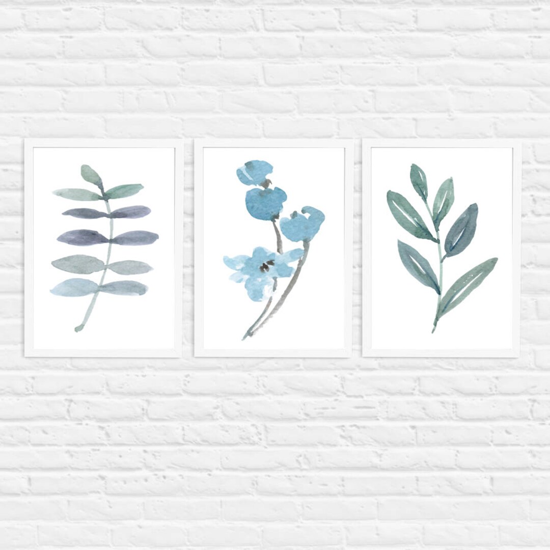 Set of 3 Botanical Prints, Botanical Leaf Wall Decor, Blue Flower ...
