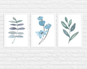 Set of 3 Botanical Prints, Set of 3 Wall Art, Botanical Leaf Wall Art, Blue Botanical Prints, Blue Wall Decor, Botanical Flower Print