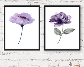 Conjunto de 2 láminas florales, decoración de pared con flores moradas, arte digital botánico imprimible