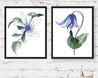 Set of 2 Prints, Blue Wall Art, Blue Flowers Print, Set of 2 Wall Art, Flowers Decor, Blue Wall Decor, Flowers Wall Art, Botanical Print