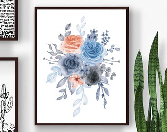 Flowers Decor, Botanical Print, Flowers Wall Art,Floral Print,Roses Wall Decor,Roses Print, Bouquet Printable,Blue Flowers Art, Blue Artwork