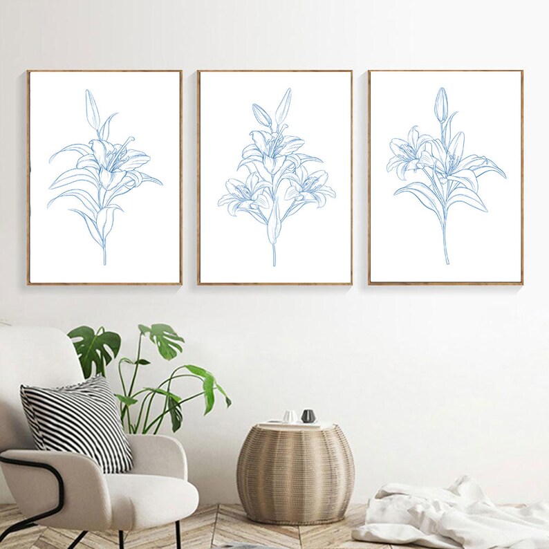 Set of 3 Prints Blue Wall Art Blue Flowers Print Set of 3 Etsy