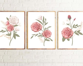 Set of 3 Floral Prints, Botanical Wall Art Set, Printable Floral Art, Red Flowers Wall Art,Botanical Print Set of 3,White Flowers Print