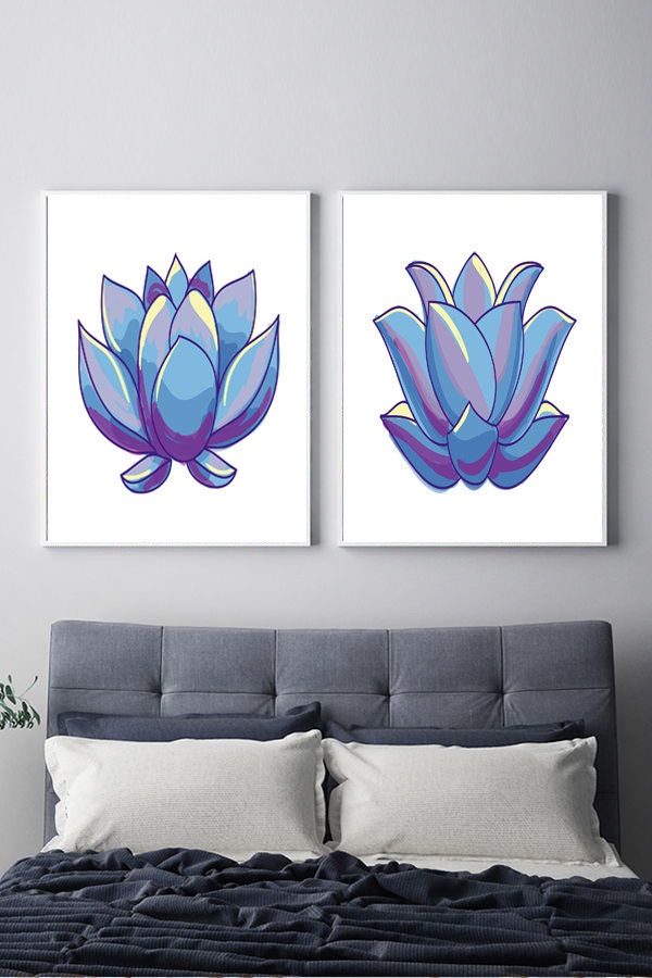 Set of 2 Prints,blue Lotus Flower Print, Set of 2 Wall Art, Flowers ...