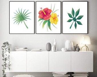 Set of 3 Prints, Exotic Flowers Art,Tropical Floral Printable Wall Art,Tropical Decor,Botanical Print,Hibiscus Flower Print,Hibiscus Artwork