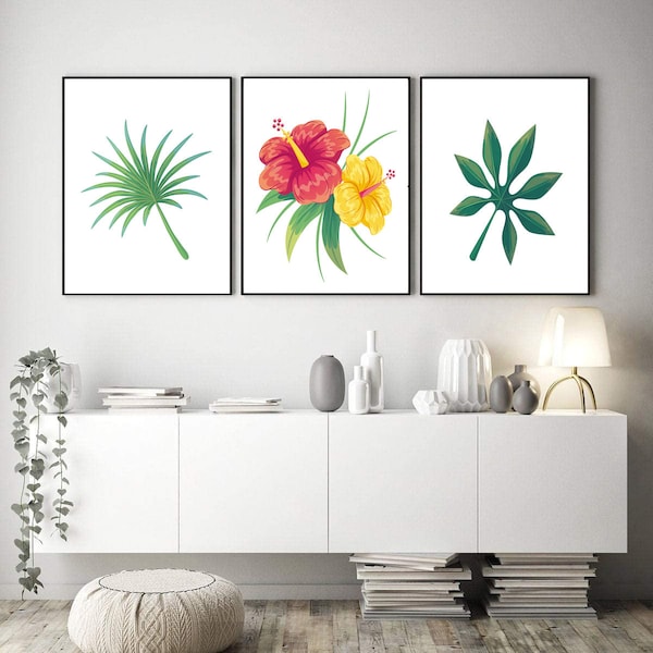 Lot de 3 impressions, fleurs exotiques, art mural imprimable floral tropical, décoration tropicale, impression botanique, impression de fleurs d'hibiscus, oeuvre d'art d'hibiscus