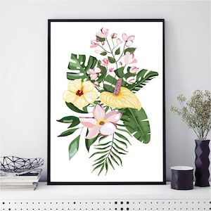 Tropical Flowers Prints, Tropical Plants Print,Tropical Decor,Exotic Flowers Wall Art,Exotic Print,Pink Flowers Print,Yellow Floral Wall Art