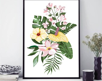 Tropical Flowers Prints, Tropical Plants Print,Tropical Decor,Exotic Flowers Wall Art,Exotic Print,Pink Flowers Print,Yellow Floral Wall Art