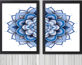 Blue Mandala Print, Meditation Digital Printable Wall Art, Yoga Decor, Set of 2 Prints