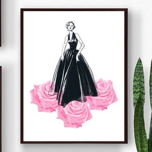 Fashion Wall Art,Fashion Girl Print,Pink Prints,Fashion Decor,Woman Art,Pink Art,Women Wall Art,Roses Artwork,Black girl artwork,Printable image 1