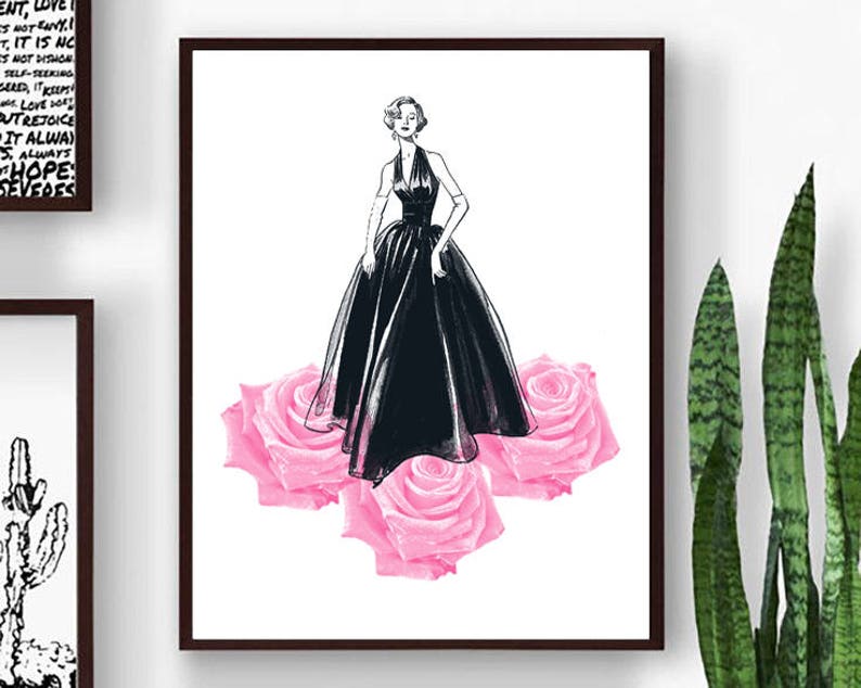 Fashion Wall Art,Fashion Girl Print,Pink Prints,Fashion Decor,Woman Art,Pink Art,Women Wall Art,Roses Artwork,Black girl artwork,Printable image 1