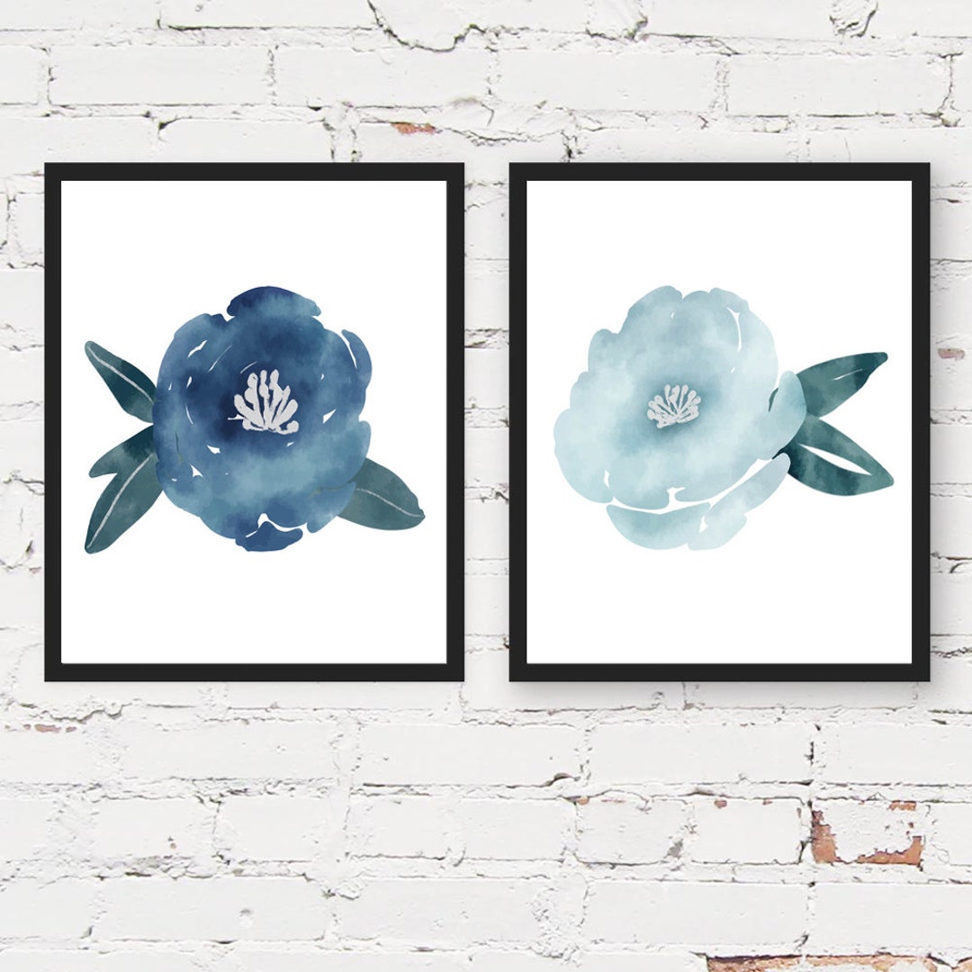 Set of 2 Prints, Blue Wall Art, Blue Flowers Print, Set of 2 Wall Art ...