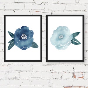 Set of 2 Prints, Blue Wall Art, Blue Flowers Print, Set of 2 Wall Art, Flowers Decor, Blue Wall Decor, Peony Print, Botanical Print, Floral